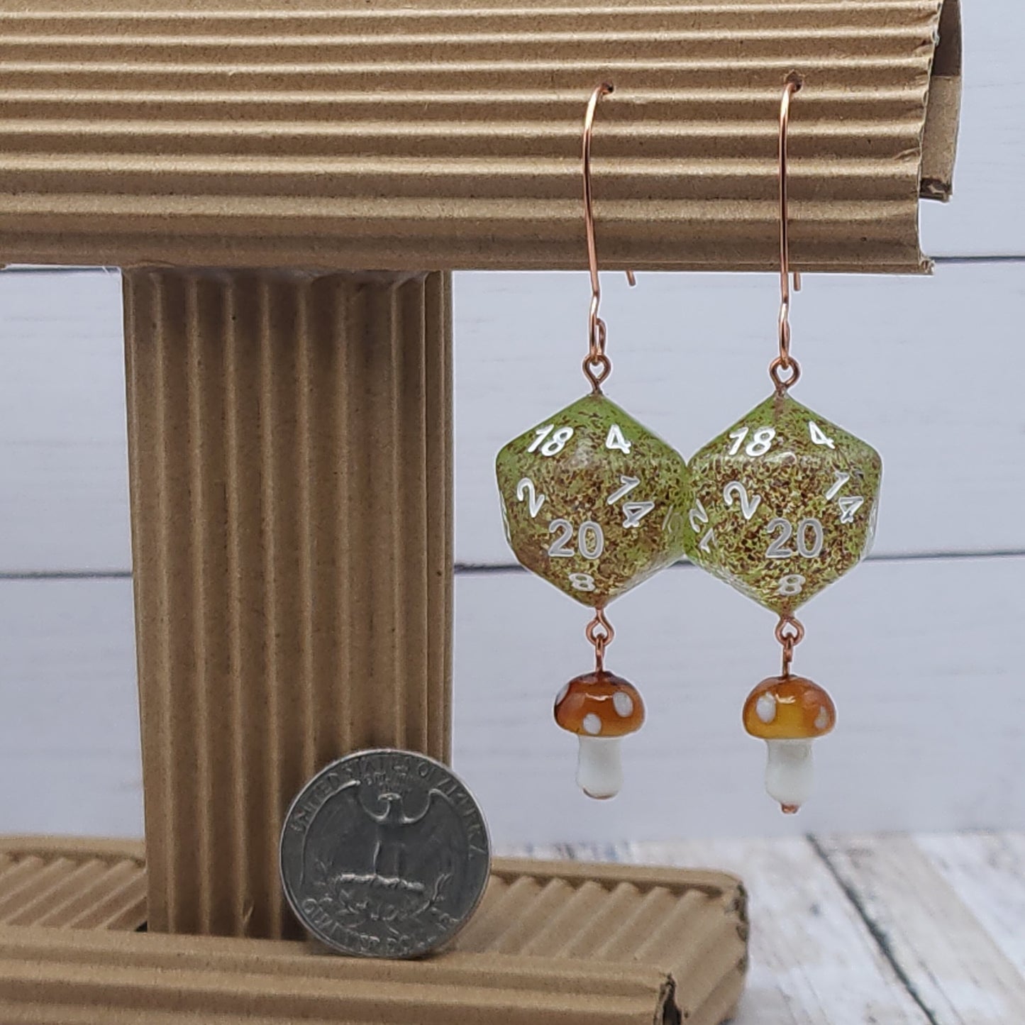 Funky Forest DnD Dice Earrings with White Lettering, Glass Mushroom, Copper Wire and D20 dice.