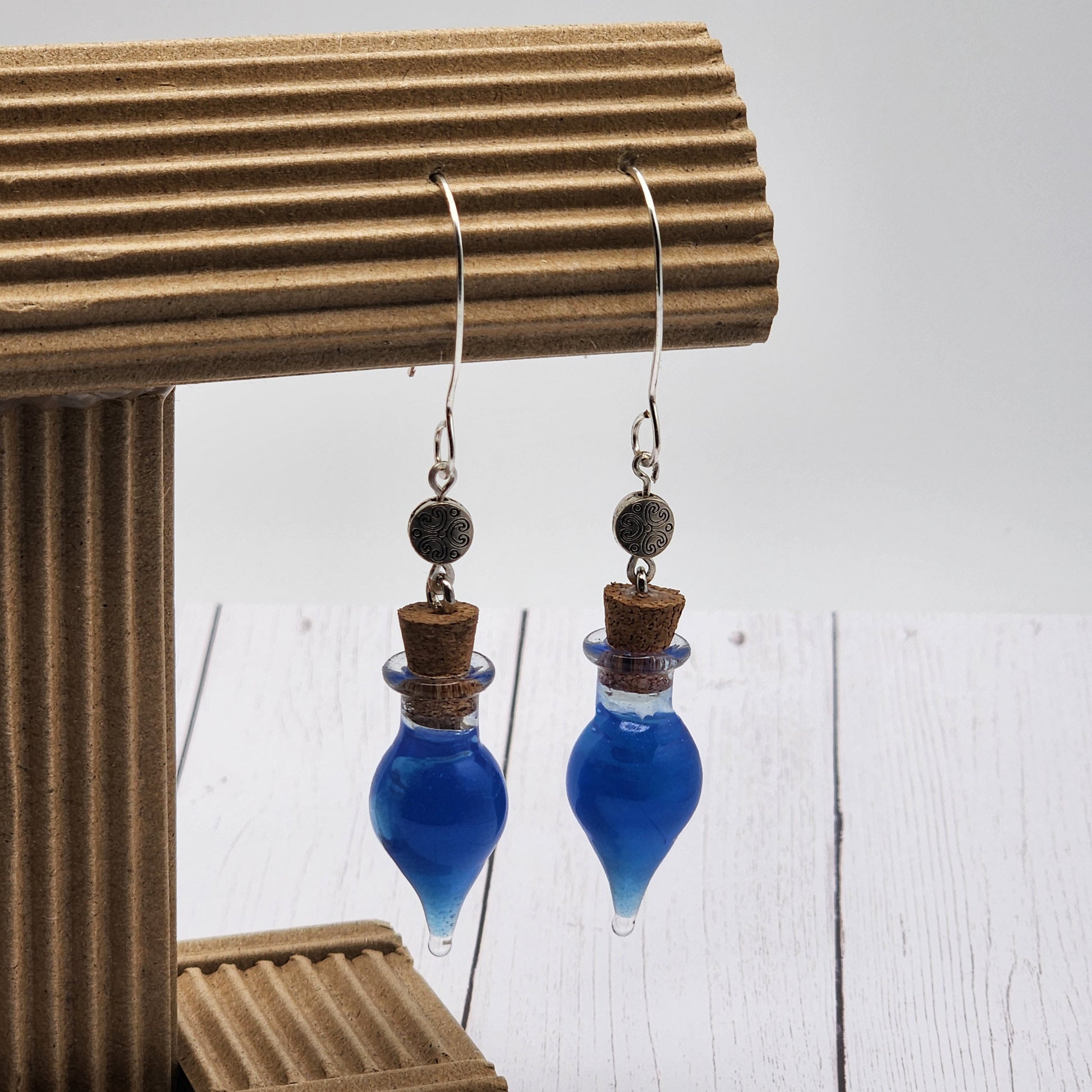 mana potion dangle earrings, fantasy earrings, blue potion, silver plated copper nickel free